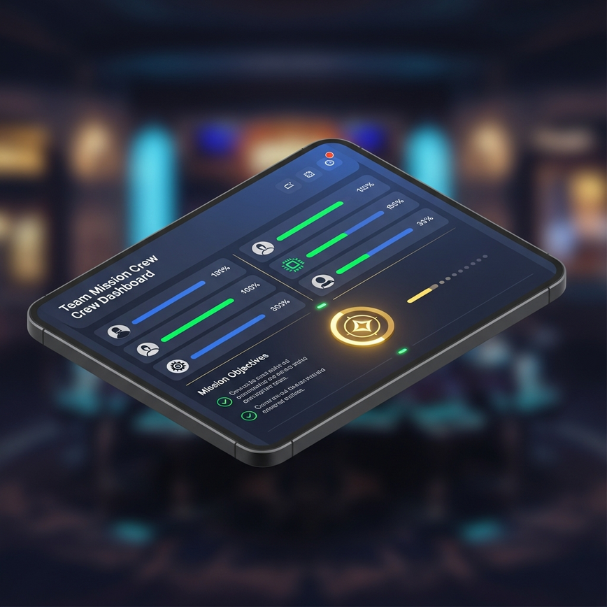 Menggambarkan penjejakan masa nyata kemajuan misi pasukan dan sumbangan individu dalam 'dashboard' kru, menekankan organisasi dan kerjasama.
