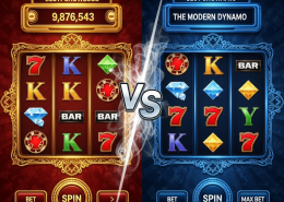 Dynamic split-screen image comparing two online slot game interfaces: one with a large progressive jackpot meter and classic luxury design, the other with vibrant cascading symbols and modern mobile-first features, representing a provider comparison.