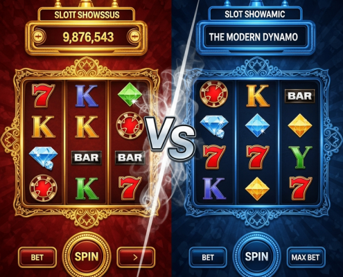 Dynamic split-screen image comparing two online slot game interfaces: one with a large progressive jackpot meter and classic luxury design, the other with vibrant cascading symbols and modern mobile-first features, representing a provider comparison.