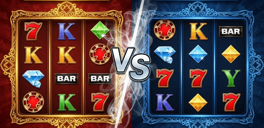 Dynamic split-screen image comparing two online slot game interfaces: one with a large progressive jackpot meter and classic luxury design, the other with vibrant cascading symbols and modern mobile-first features, representing a provider comparison.