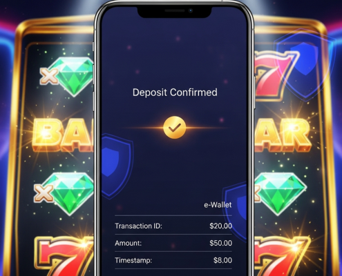 Vibrant mobile phone screen showing 'Deposit Confirmed' from an e-wallet, overlaid on a dynamic online slot machine interface with glowing winning symbols, representing fast and secure casino deposits.