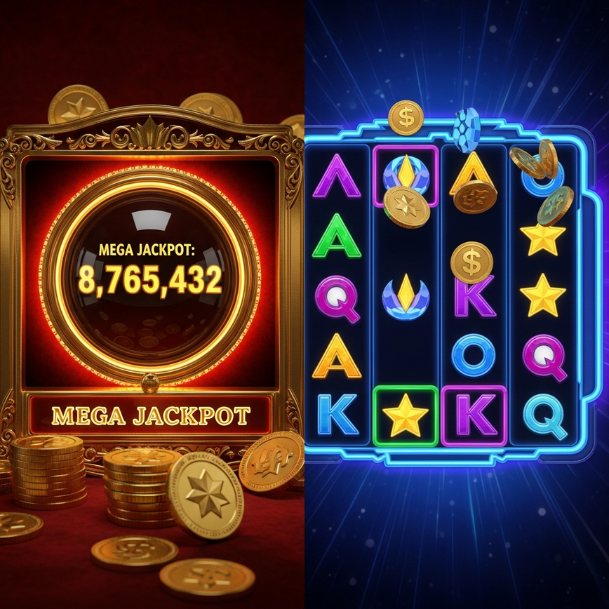 Menggambarkan kontras antara mengejar jackpot progresif yang besar dan mengalami mekanik bonus yang kerap dan inovatif dalam slot dalam talian, mewakili pilihan pemain yang berbeza.