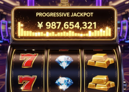 Vibrant online slot machine interface with spinning reels, showing a large, glowing progressive jackpot display and sparkling golden light effects, set in a luxurious digital casino environment.
