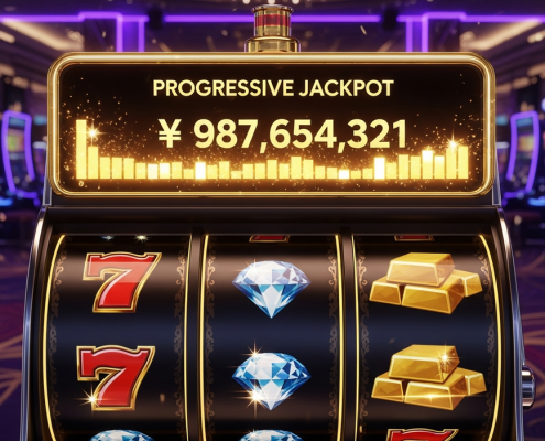 Vibrant online slot machine interface with spinning reels, showing a large, glowing progressive jackpot display and sparkling golden light effects, set in a luxurious digital casino environment.