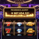 Vibrant online slot machine interface with spinning reels, showing a large, glowing progressive jackpot display and sparkling golden light effects, set in a luxurious digital casino environment.