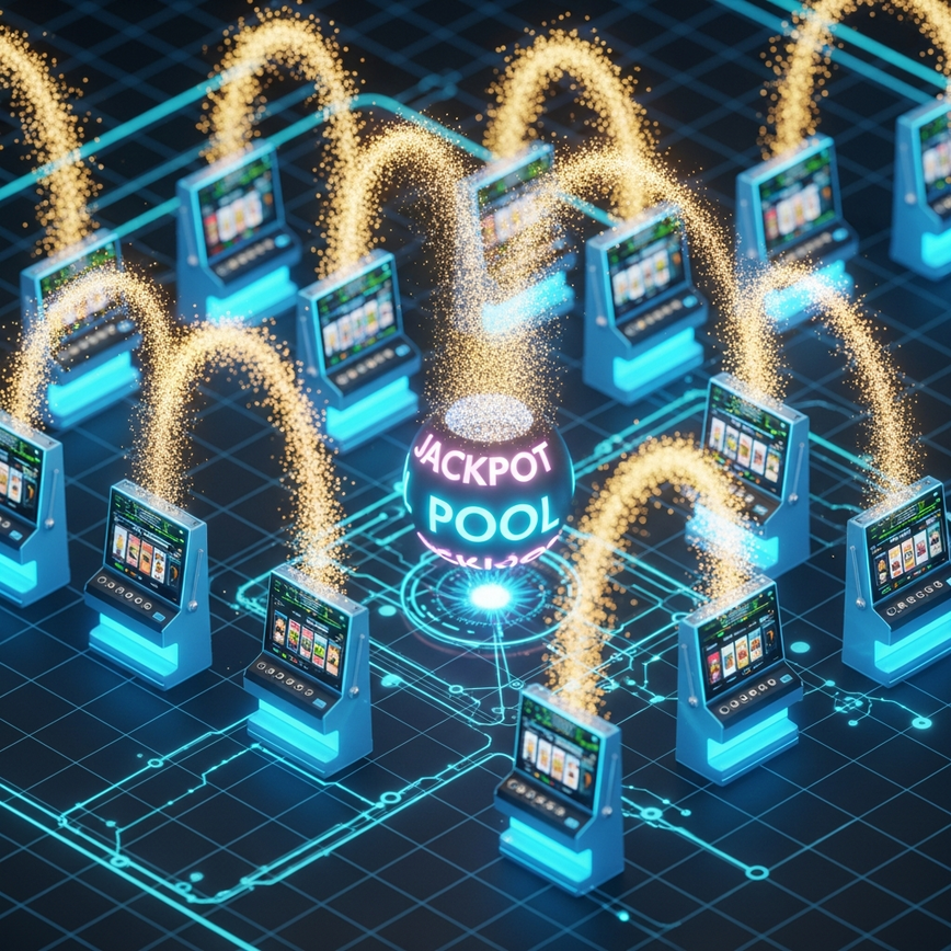 Menggambarkan 'kesan rangkaian' jackpot progressive, menunjukkan bagaimana sumbangan dari pelbagai sumber terkumpul menjadi satu hadiah mega.