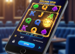 A close-up of a mobile phone displaying a vibrant online slot game interface with winning symbols, representing a premium RM10 deposit casino experience in Malaysia with fast transactions.