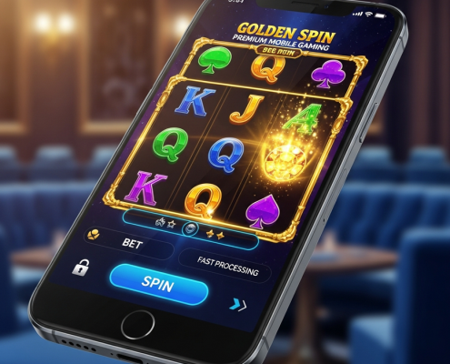 A close-up of a mobile phone displaying a vibrant online slot game interface with winning symbols, representing a premium RM10 deposit casino experience in Malaysia with fast transactions.