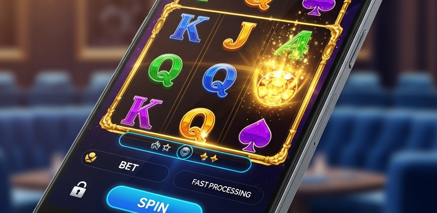 A close-up of a mobile phone displaying a vibrant online slot game interface with winning symbols, representing a premium RM10 deposit casino experience in Malaysia with fast transactions.