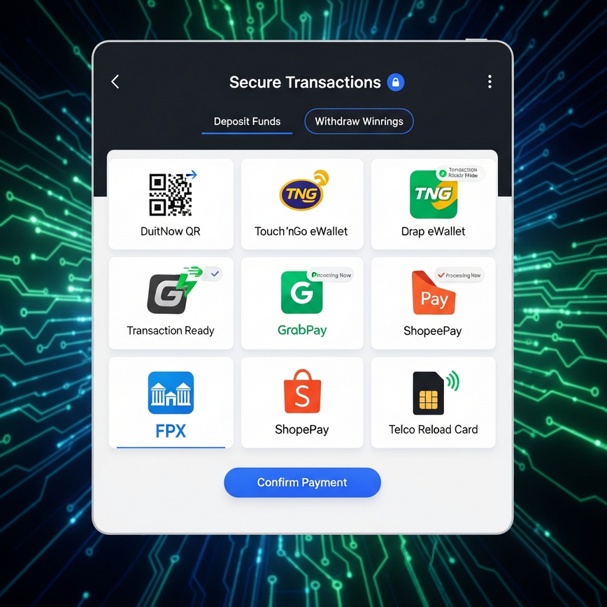 Menggambarkan sokongan kaedah pembayaran Malaysia yang komprehensif dan pemprosesan transaksi yang pantas dan selamat untuk deposit RM10.