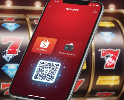 Mobile phone displaying an online casino ShopeePay deposit interface with DuitNow QR and e-wallet balance options, set against a blurred background of spinning slot machine reels.