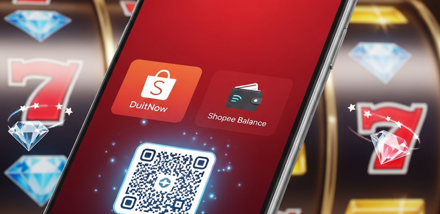 Mobile phone displaying an online casino ShopeePay deposit interface with DuitNow QR and e-wallet balance options, set against a blurred background of spinning slot machine reels.