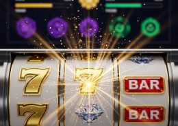 Vibrant online slot machine interface displaying a winning combination with glowing effects, overlayed with a subtle, blurred 'Team Play' dashboard in the background, representing collective rewards in a premium online casino.