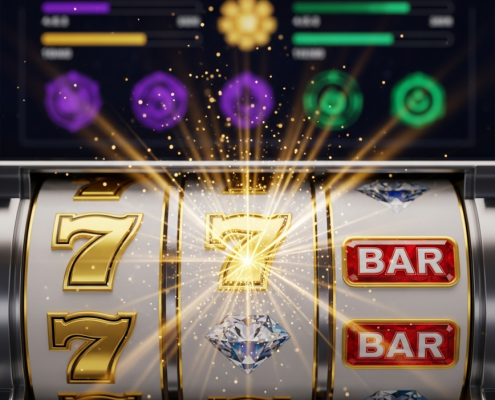Vibrant online slot machine interface displaying a winning combination with glowing effects, overlayed with a subtle, blurred 'Team Play' dashboard in the background, representing collective rewards in a premium online casino.