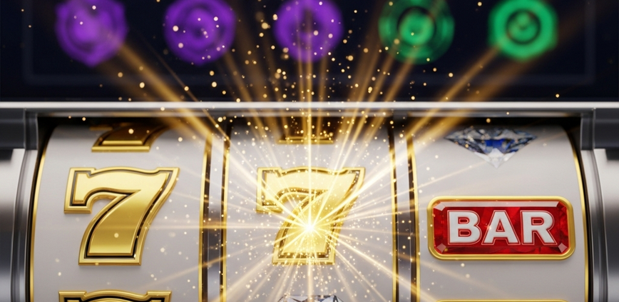 Vibrant online slot machine interface displaying a winning combination with glowing effects, overlayed with a subtle, blurred 'Team Play' dashboard in the background, representing collective rewards in a premium online casino.