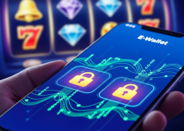 Vibrant e-wallet interface on a smartphone with digital padlock and encryption symbols, overlaying a soft-focus background of slot machine reels, symbolizing secure online slot gaming.