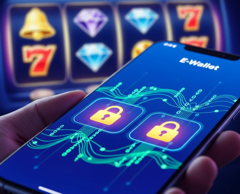 Vibrant e-wallet interface on a smartphone with digital padlock and encryption symbols, overlaying a soft-focus background of slot machine reels, symbolizing secure online slot gaming.