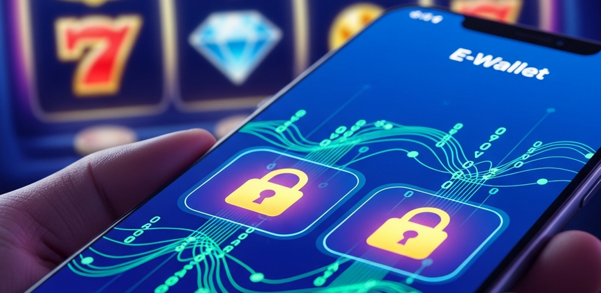 Vibrant e-wallet interface on a smartphone with digital padlock and encryption symbols, overlaying a soft-focus background of slot machine reels, symbolizing secure online slot gaming.