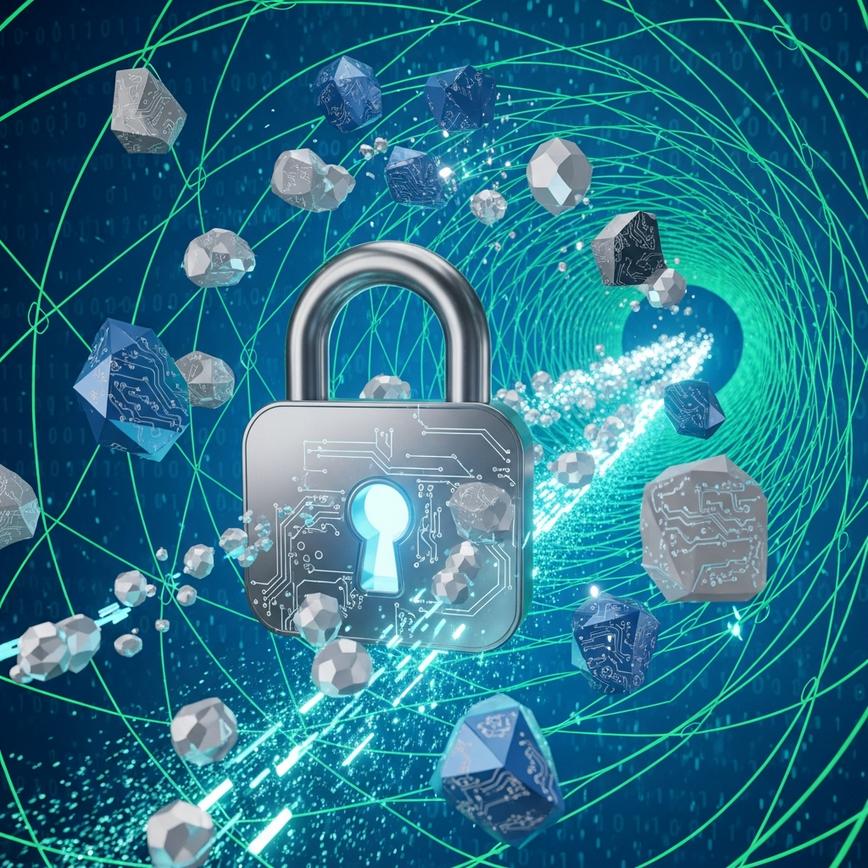 Menggambarkan konsep teras enkripsi bertaraf bank (SSL 256-bit) dan teknologi tokenisasi yang digunakan oleh TnG eWallet.