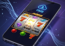 Sleek smartphone displaying a vibrant, animated online slot machine game with a '0MB' badge, symbolizing zero-download mobile gaming via browser.