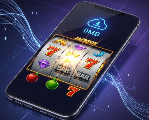 Sleek smartphone displaying a vibrant, animated online slot machine game with a '0MB' badge, symbolizing zero-download mobile gaming via browser.
