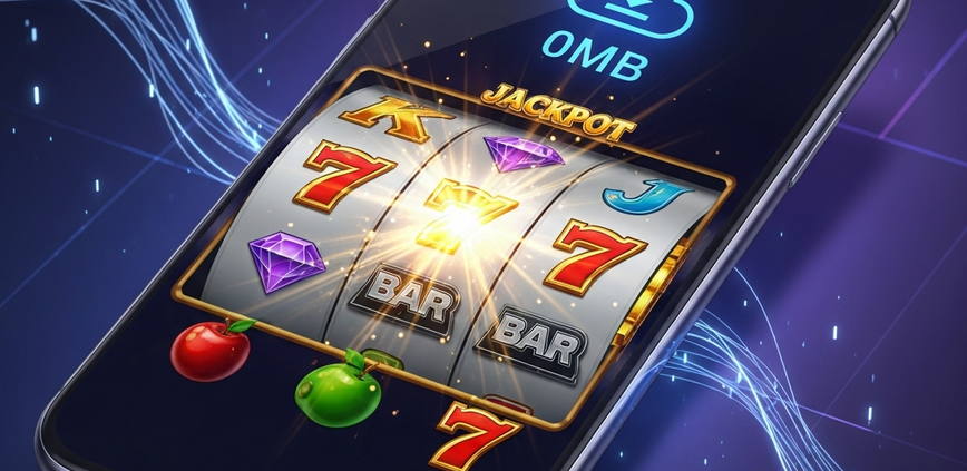 Sleek smartphone displaying a vibrant, animated online slot machine game with a '0MB' badge, symbolizing zero-download mobile gaming via browser.