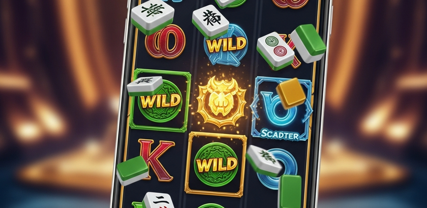 Vibrant mobile slot game interface for a PGSoft Mahjong-themed title, displaying high RTP and dynamic winning symbols, representing premium online casino entertainment for Malaysian players.