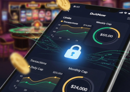 Sleek digital payment interface on a tablet displaying abstract daily, weekly, and monthly transaction limits with a secure padlock icon and a blurred online casino background.