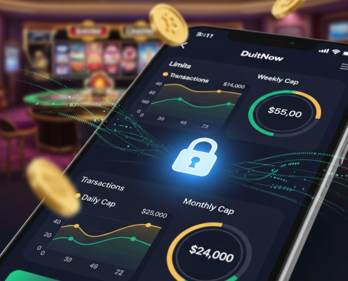 Sleek digital payment interface on a tablet displaying abstract daily, weekly, and monthly transaction limits with a secure padlock icon and a blurred online casino background.