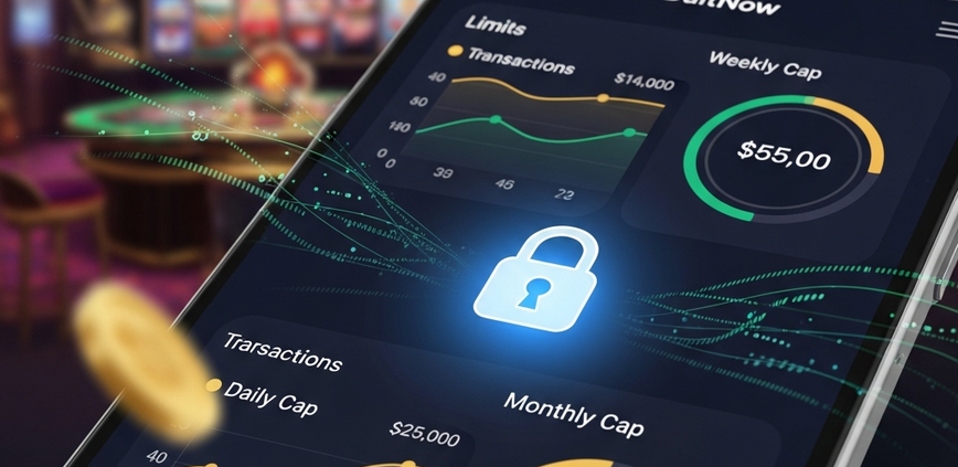 Sleek digital payment interface on a tablet displaying abstract daily, weekly, and monthly transaction limits with a secure padlock icon and a blurred online casino background.