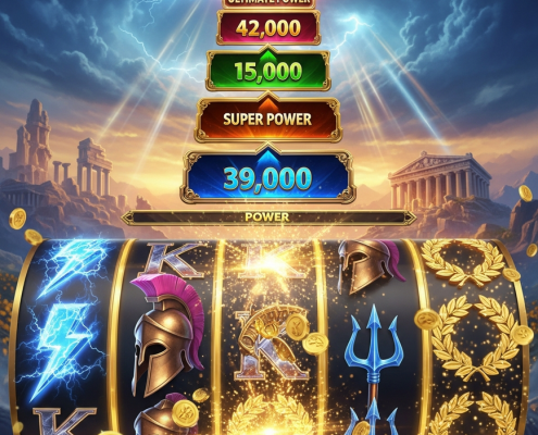 Dynamic online slot game interface featuring spinning reels with Greek mythology symbols and a prominent, glowing multi-tier progressive jackpot display, set against an epic, luxurious Mount Olympus backdrop.