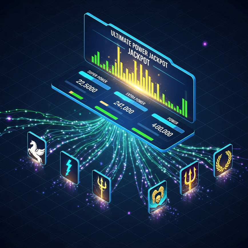 Untuk mewakili secara visual sistem jackpot progresif yang saling berhubung, penjejakan masa nyata, dan konsep pelbagai permainan yang menyumbang kepada kumpulan hadiah yang dikongsi, membayangkan ciri platform termaju.