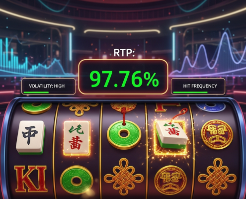 Vibrant online slot machine interface with spinning reels, showing a high RTP percentage (97.76%) and data indicators for volatility and hit frequency, set against a luxurious, data-driven online casino background, representing top PGSoft slots.