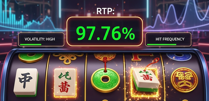 Vibrant online slot machine interface with spinning reels, showing a high RTP percentage (97.76%) and data indicators for volatility and hit frequency, set against a luxurious, data-driven online casino background, representing top PGSoft slots.