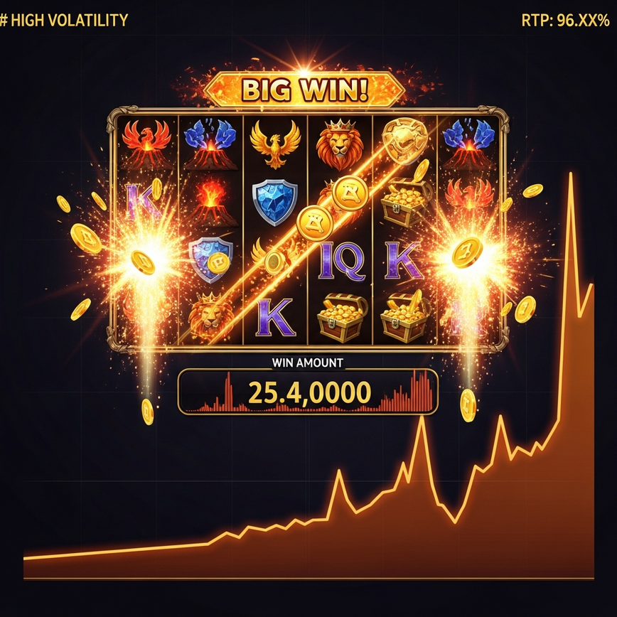 Menggambarkan perbezaan antara RTP tinggi dengan volatility tinggi dan RTP tinggi dengan volatility sederhana dalam slot PGSoft, menggunakan perwakilan visual abstrak corak pembayaran.