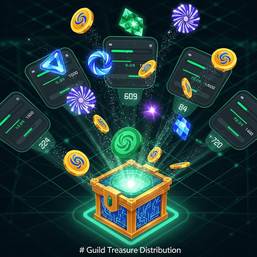 Menggambarkan pengagihan ganjaran guild yang automatik dan adil, seperti kredit bonus dan putaran percuma, kepada beberapa ahli pasukan selepas misi selesai.