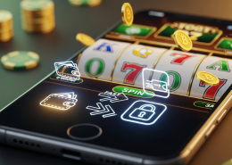 Sleek smartphone displaying an online slot game with abstract eWallet payment icons, symbolizing fast and secure transactions for Malaysian players.