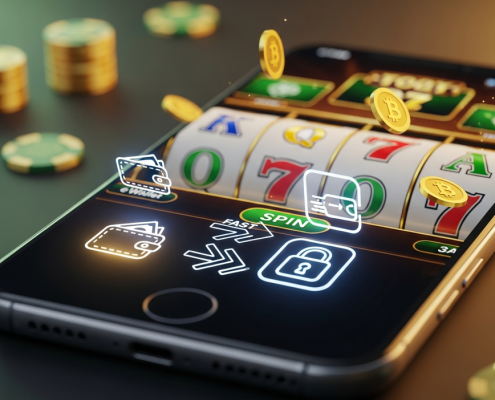 Sleek smartphone displaying an online slot game with abstract eWallet payment icons, symbolizing fast and secure transactions for Malaysian players.