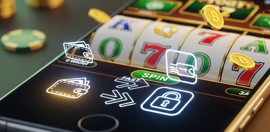 Sleek smartphone displaying an online slot game with abstract eWallet payment icons, symbolizing fast and secure transactions for Malaysian players.