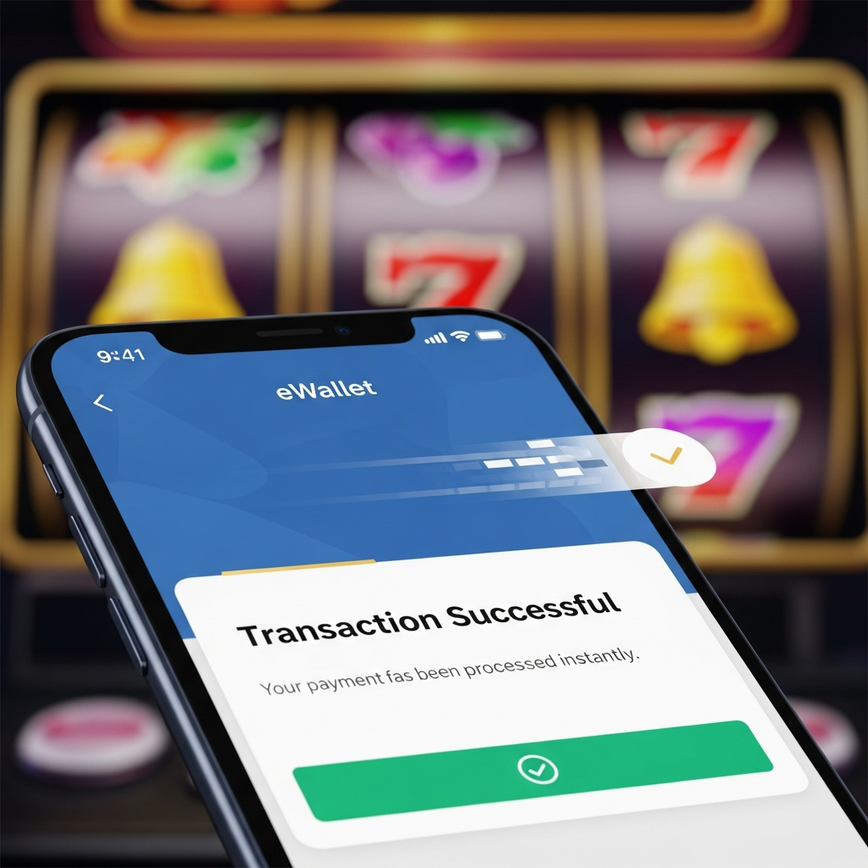 Menggambarkan kelajuan dan kecekapan transaksi eWallet untuk slot online, khususnya deposit dan pengeluaran yang pantas.