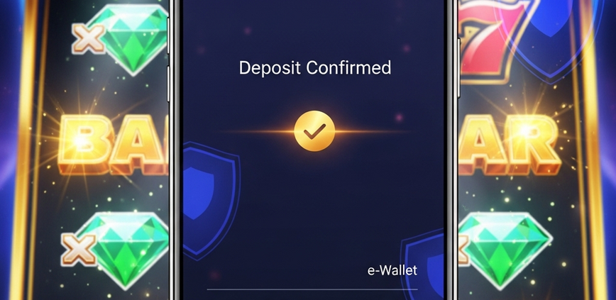Vibrant mobile phone screen showing 'Deposit Confirmed' from an e-wallet, overlaid on a dynamic online slot machine interface with glowing winning symbols, representing fast and secure casino deposits.