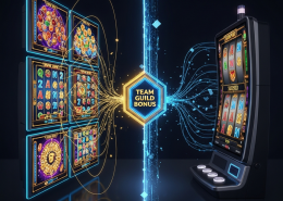 Dynamic visual comparing solo slot play with team-based guild play, showing multiple interconnected slot interfaces contributing to a large, glowing collective bonus, highlighting superior win potential.