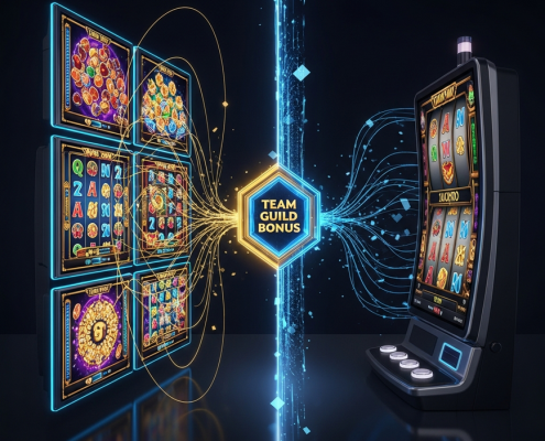 Dynamic visual comparing solo slot play with team-based guild play, showing multiple interconnected slot interfaces contributing to a large, glowing collective bonus, highlighting superior win potential.
