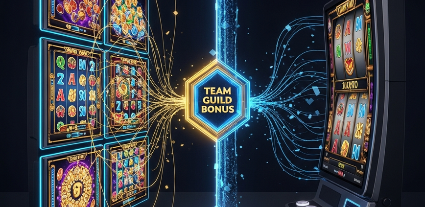 Dynamic visual comparing solo slot play with team-based guild play, showing multiple interconnected slot interfaces contributing to a large, glowing collective bonus, highlighting superior win potential.