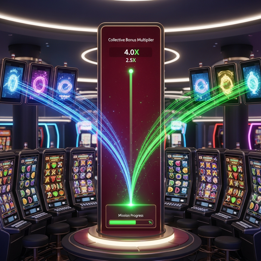 Menggambarkan mekanik teras permainan berpasukan: pengganda bonus kolektif dan ganjaran misi berkongsi, menunjukkan pelbagai antara muka slot yang menyumbang kepada matlamat utama.