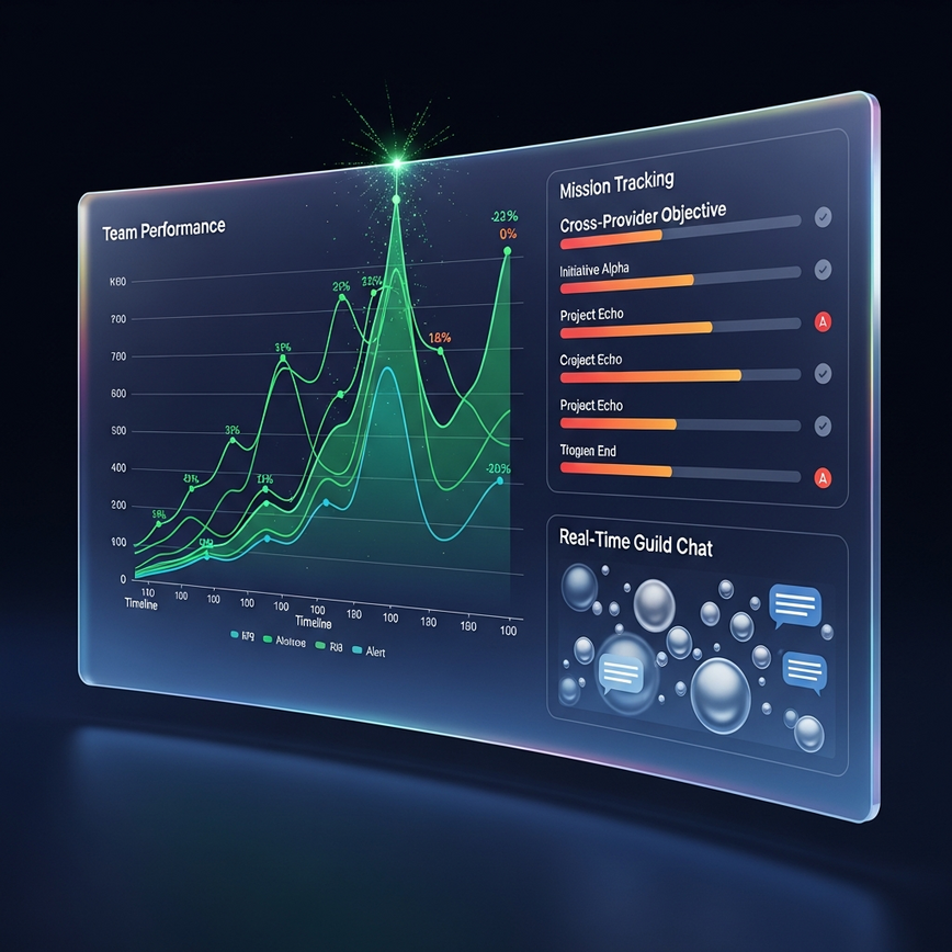 Memaparkan papan pemuka guild masa nyata yang canggih, menunjukkan penunjuk prestasi utama, penjejakan misi, dan alat komunikasi bersepadu untuk permainan pasukan yang strategik.