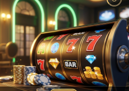 Vibrant online slot machine interface with spinning reels, a small stack of virtual chips representing a minimal deposit, and strategic bet controls, emphasizing extended playtime for the RM10 Challenge.