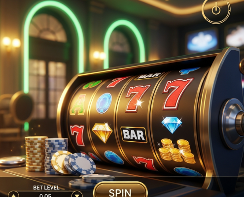 Vibrant online slot machine interface with spinning reels, a small stack of virtual chips representing a minimal deposit, and strategic bet controls, emphasizing extended playtime for the RM10 Challenge.