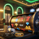 Vibrant online slot machine interface with spinning reels, a small stack of virtual chips representing a minimal deposit, and strategic bet controls, emphasizing extended playtime for the RM10 Challenge.