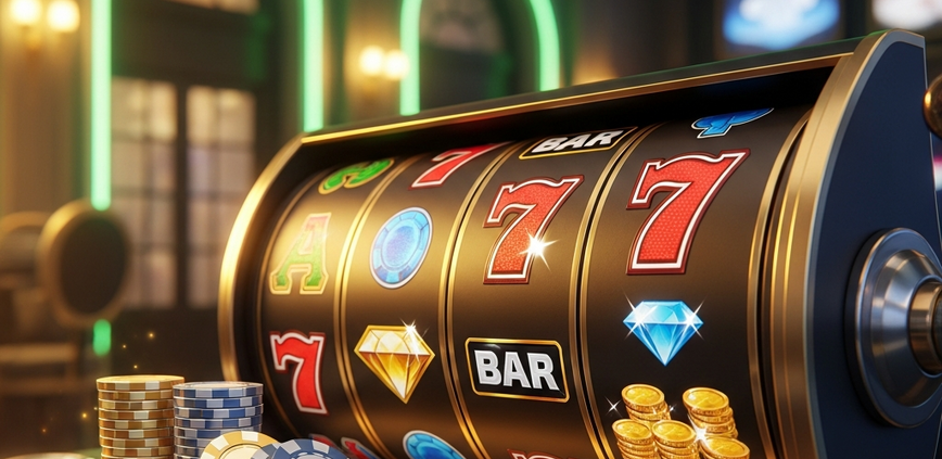 Vibrant online slot machine interface with spinning reels, a small stack of virtual chips representing a minimal deposit, and strategic bet controls, emphasizing extended playtime for the RM10 Challenge.